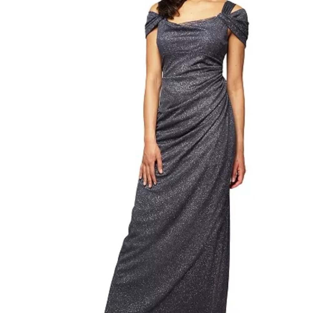 Alex Evenings Gray Ruched Off-Shoulder Gown
